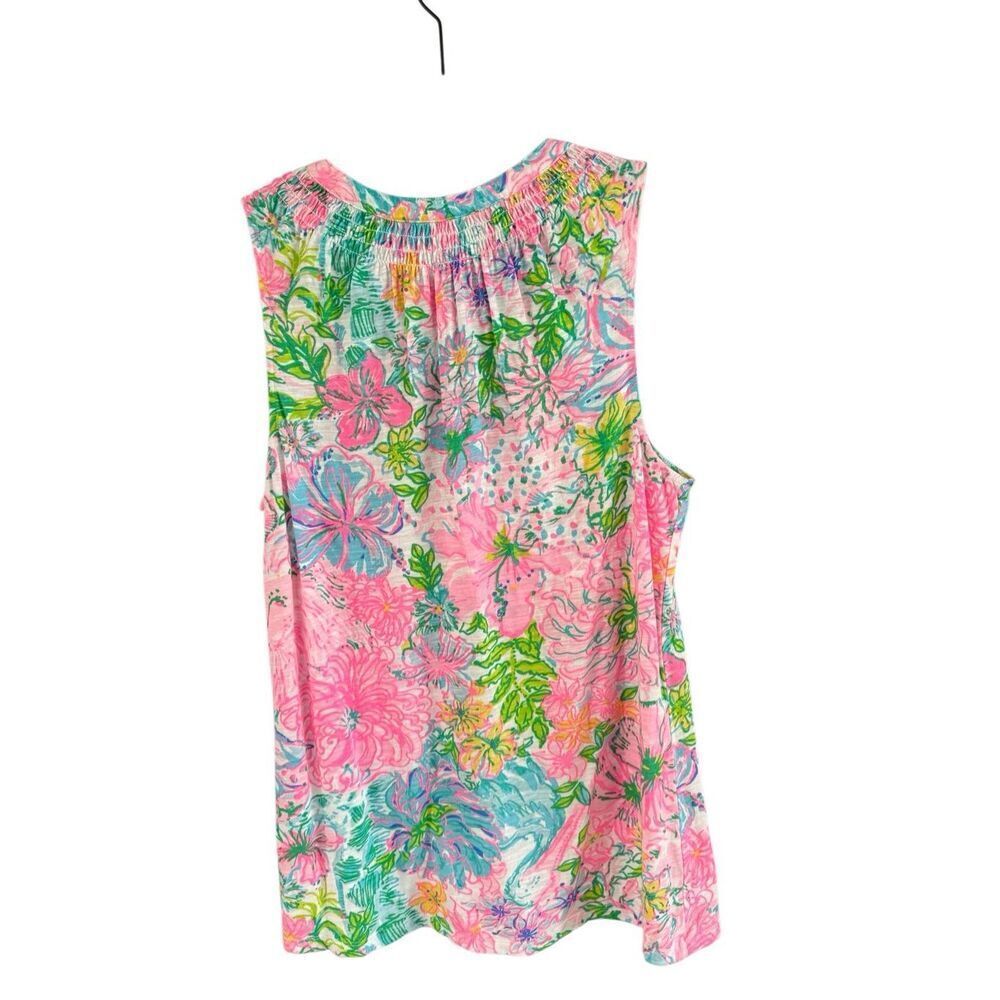 Lilly Pulitzer Womens Pink Blue Essie Floral Sleeveless Smocked Tank Top Medium